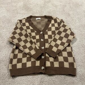 TALULAH Oversized Brown and Tan Checkered Cardigan